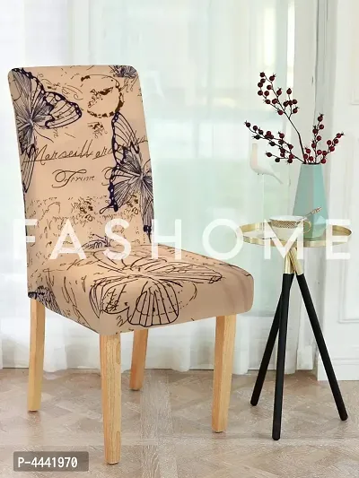 FasHome Classy Beige Polyester Printed Chair Cover (Piece Of 4)-thumb0