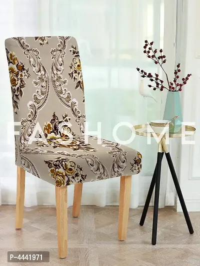 FasHome Classy Brown  Polyester Printed Chair Cover (Piece Of 4)-thumb0