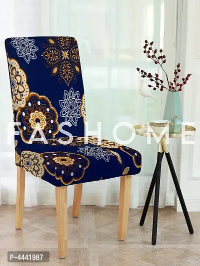 FasHome Classy Navy Blue Polyester Printed Chair Cover (Piece Of 6)