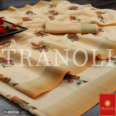 Tranoli Women's Beautiful Orange Woven Design Linen Saree with Blouse piece