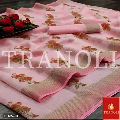 Tranoli Women's Beautiful Pink Woven Design Linen Saree with Blouse piece