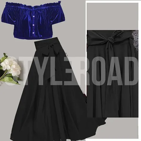 StyleRoad Solid Velvet Top & Solid Crepe Skirt Set
