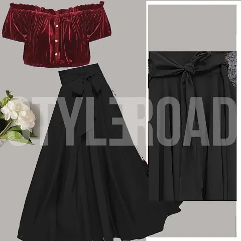 StyleRoad Crepe Skirt and Velvet Top Set