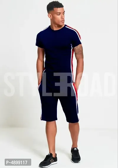 StyleRoad Navy Blue Solid Polycotton Sports Tees  Shorts Set-thumb0
