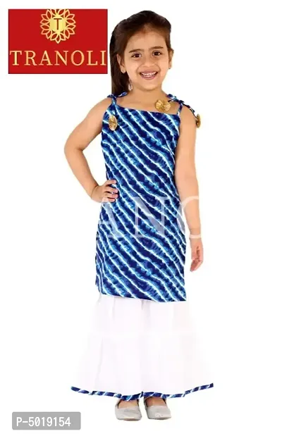 Stylish Blue Rayon Cotton Printed Sleeveless Kurta with Sharara Set For Girls-thumb0