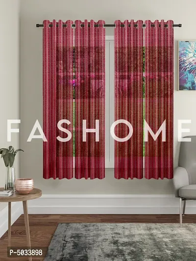 FasHome Maroon Polyester Eyelet Fitting Striped Window Curtains
