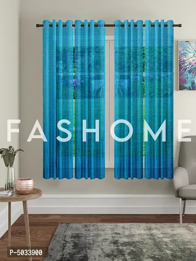 FasHome Blue Polyester Eyelet Fitting Striped Window Curtains
