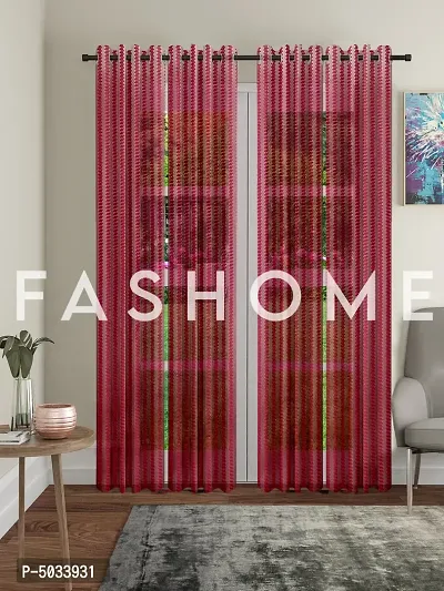 FasHome Maroon Polyester Eyelet Fitting Striped Door Curtains