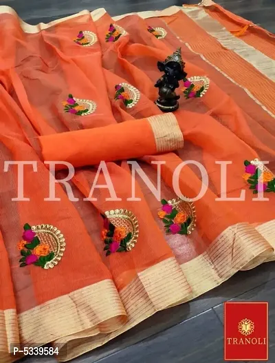 Tranoli Kota Doriya Orange Embroidered Saree With Blouse Piece