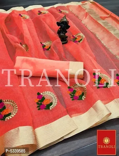 Tranoli Kota Doriya Peach Embroidered Saree With Blouse Piece