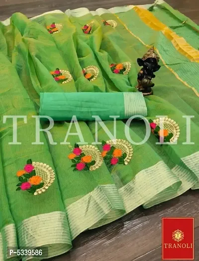 Tranoli Kota Doriya Perrot Green Embroidered Saree With Blouse Piece