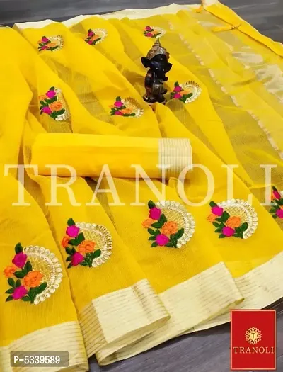 Tranoli Kota Doriya Yellow Embroidered Saree With Blouse Piece-thumb0