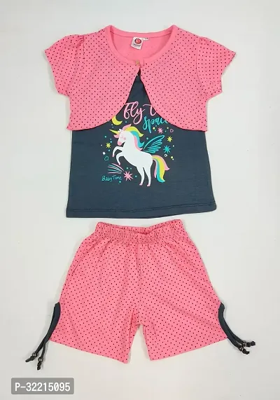 Stylish Pink Cotton Top With Bottom Set For Girls