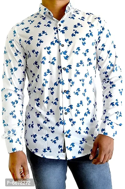 Designer Lycra Printed White  Regular Fit Full Sleeve Shirts For Men-thumb0