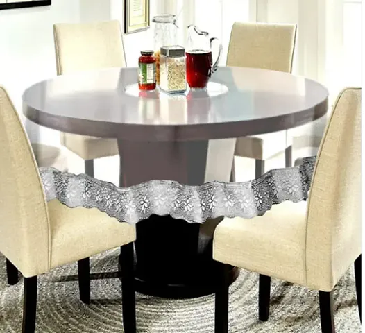 CASA-NEST PVC Waterproof 2 Seater Round Tea Table Cover with Silver Lace 40inch Diameter (Silver)