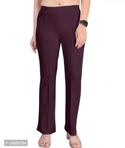 WOODZON Cotton Blend Bootcut Parallel Trouser Pants for Women Regular Fit, Bellbottom Straight Pants for Womens (Pack of 1) (XL) Maroon-thumb0