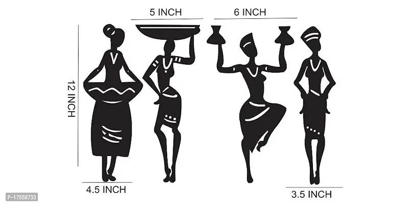 EFINITO Tribal Women 4 Pcs. Set 12 Inches Height Abstract Wall Decor for Home living Room Office bedroom hall kitchen Decoration Wall Art - Black-thumb3