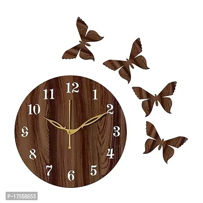 EFINITO Designer Wooden Brown Wall Clock with Wooden Butterflies Stylish Wall Watch for Home Living Room Hall Bedroom Kitchen Office Kids Room - Silent Movement 25cm x 25cm