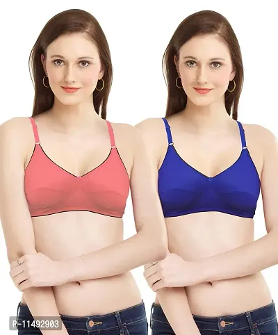 Women T-Shirt Non Padded Bra (36, Coral Red, Blue)