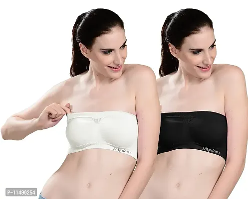 Madam Women's & Girls Silky Smooth Bandeau Stretch Seamless Strapless Tube Bra (Pack of 2) White,Black-thumb0