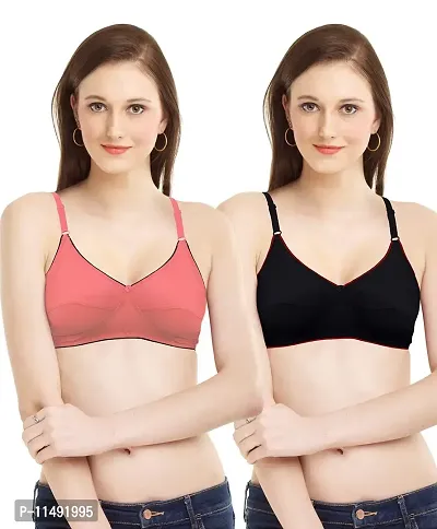 Women T-Shirt Non Padded Bra (32, Coral Red, Black)-thumb0