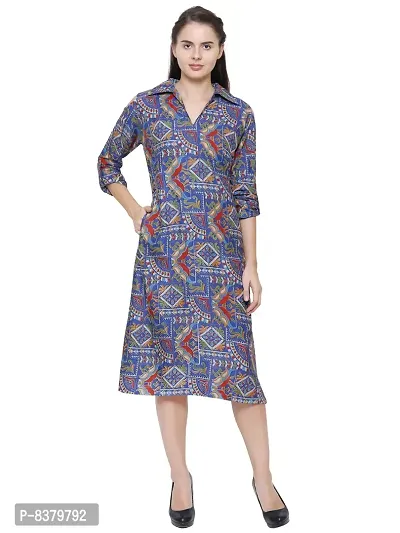YOLKI Women's Maxi Knee Length Rayon Dress, Kattha Print, Collared with Side Pocket and Open Shoulders-thumb0
