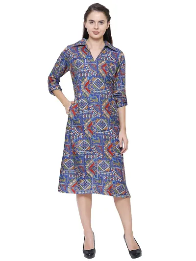 YOLKI Women's Maxi Knee Length Rayon Dress, Kattha Print, Collared with Side Pocket and Open Shoulders