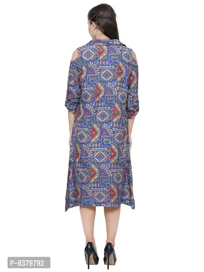 YOLKI Women's Maxi Knee Length Rayon Dress, Kattha Print, Collared with Side Pocket and Open Shoulders-thumb3
