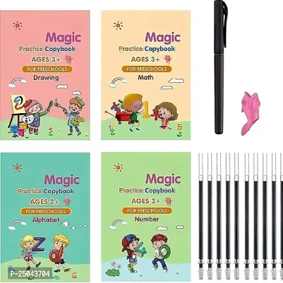 Divviks Sank Magic Practice Copybook (4 Book + 1 Pen + 10 Refill) Number Tracing Book for Preschoolers , Magic calligraphy books for kids Reusable Writing Tool Spiral bound-thumb0