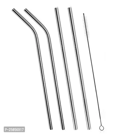 Divviks  Long 4 Reusable Stainless Steel Straws for Drinking with One Cleaning Brush - Set of 5 Pc