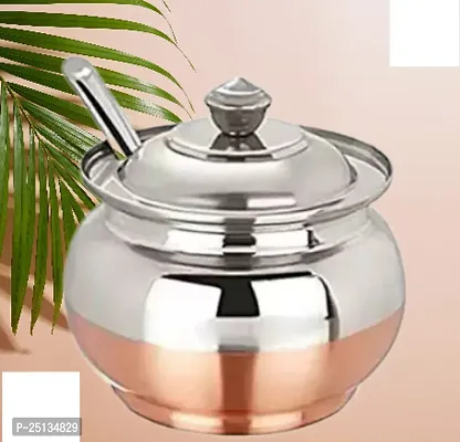 Divviks Copper Coated Base Stainless Steel Ghee Pot With Spoon | Copper Coated Stainless Steel Ghee Jar for Kitchen |Oil Container With Lid,Spoon For Pooja Items; (250 ML Pack of 1)..