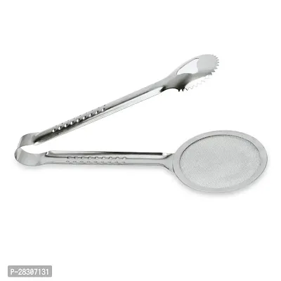 2 in 1  Stainless Steel Fryer Strainer Tong - Pack of 1-thumb0