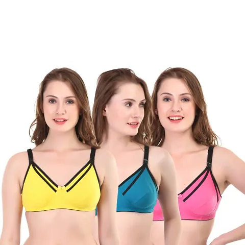 MH Mode Womens Non Padded Non-Wired Breastfeeding Mother Bra Maternity Nursing Bra Combo Pack of 3