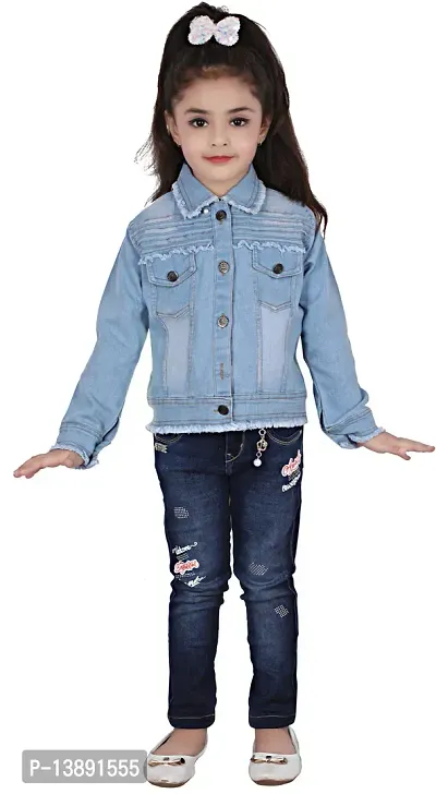 Stylish Girls Solid Denim Jacket Blue-thumb3