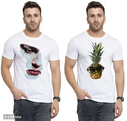 Reliable White Cotton Printed Round Neck Tees For Men Pack Of 2