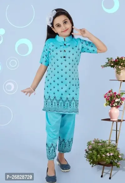 Fabulous Blue Polycotton Printed Top With Bottom For Girls-thumb0