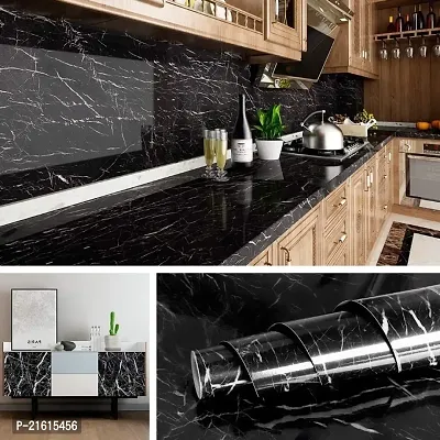 60cm X 200cm Kitchen cabinets Marble Wallpaper Oil Proof Waterproof Floor Tiles Stickers Waterproof Wall Paper for Home and Kitchen Decor (Black)(Pack of 1)-thumb0