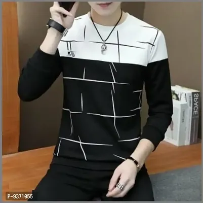 Elegant Cotton Black Round Neck Printed Full Sleeves  T shirt For Men