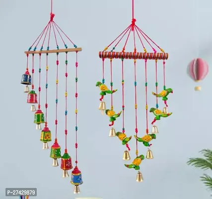 Stylish Handmade Wooden Wind Chimes And Parrot For Home Decor Pack Of 2