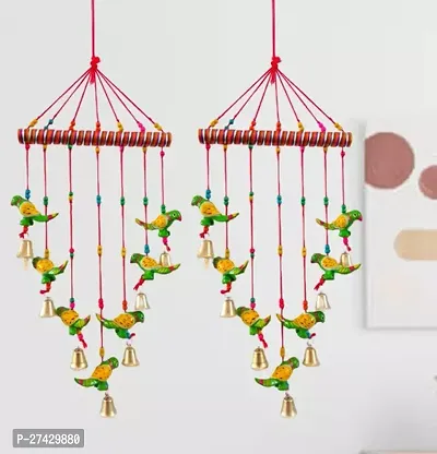 Stylish Wooden Hanging Parrot With Bells For Home Decor Pack Of 2-thumb0