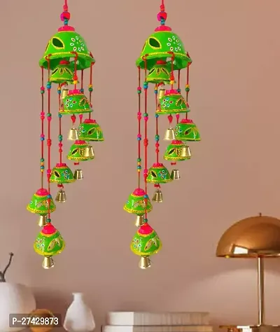 Stylish Handmade Green Color Terracotta Bell Wind Chime For Home Decor Pack Of 2-thumb0