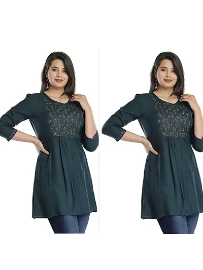 Elegant Embroidered Rayon Short Kurta For Women- Pack Of 2