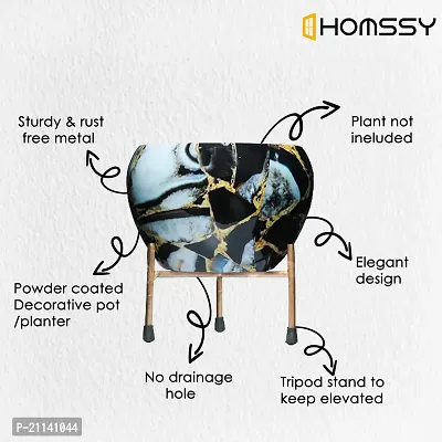 HOMSSY Printed Metal Planter with Tripod Metal Stand Black  Golden Marble (10) | Rust Free Designer Metallic Pots with Stand | for Living Room | Multipurpose Pot (Plants not Included)-thumb3