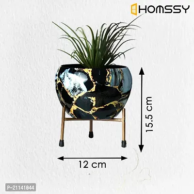 HOMSSY Printed Metal Planter with Tripod Metal Stand Black  Golden Marble (10) | Rust Free Designer Metallic Pots with Stand | for Living Room | Multipurpose Pot (Plants not Included)-thumb5