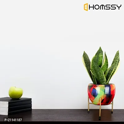 HOMSSY Printed Metal Planter with Tripod Metal Stand Multicolour (9) | Rust Free Designer Metallic Pots with Stand | Metal Plant Pots for Living Room | Multipurpose Pot (Plants not Included)-thumb4