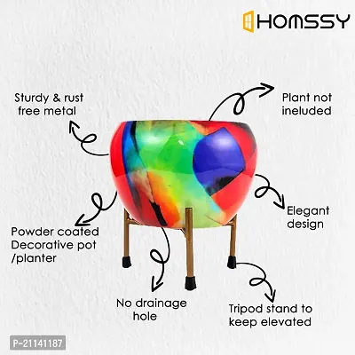 HOMSSY Printed Metal Planter with Tripod Metal Stand Multicolour (9) | Rust Free Designer Metallic Pots with Stand | Metal Plant Pots for Living Room | Multipurpose Pot (Plants not Included)-thumb5