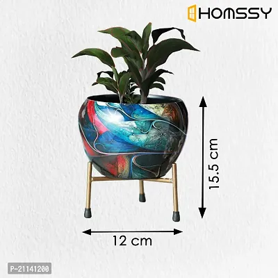 HOMSSY Printed Metal Planter with Tripod Metal Stand Multicolour (6) | Rust Free Designer Metallic Pots with Stand | Metal Plant Pots for Living Room | Multipurpose Pot (Plants not Included)-thumb2