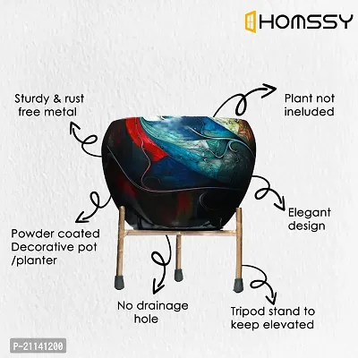 HOMSSY Printed Metal Planter with Tripod Metal Stand Multicolour (6) | Rust Free Designer Metallic Pots with Stand | Metal Plant Pots for Living Room | Multipurpose Pot (Plants not Included)-thumb4