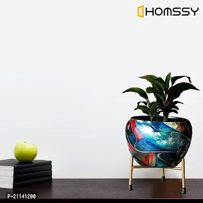 HOMSSY Printed Metal Planter with Tripod Metal Stand Multicolour (6) | Rust Free Designer Metallic Pots with Stand | Metal Plant Pots for Living Room | Multipurpose Pot (Plants not Included)-thumb5