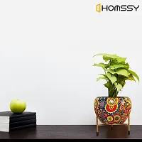 HOMSSY Printed Metal Planter with Tripod Metal Stand Multicoloured Meena (7) | Rust Free Designer Metallic Pots with Stand | Metal Plant Pots for Living Room | Multipurpose Pot (Plants not Included)-thumb3